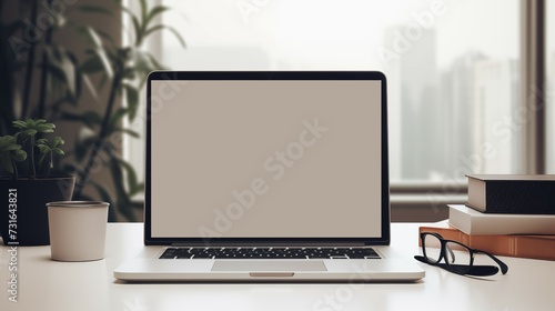 A blank screen on laptop computer on a white desk.