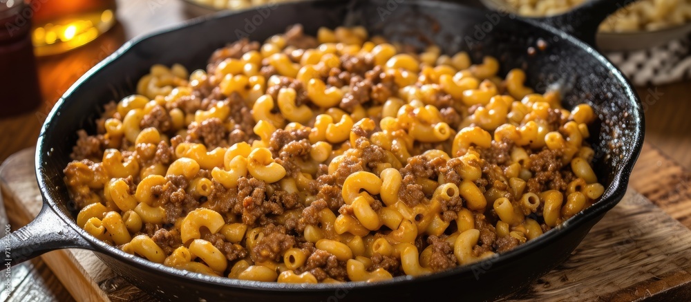 Make a large homemade cheeseburger macaroni in a skillet by seasoning and browning the ground beef.