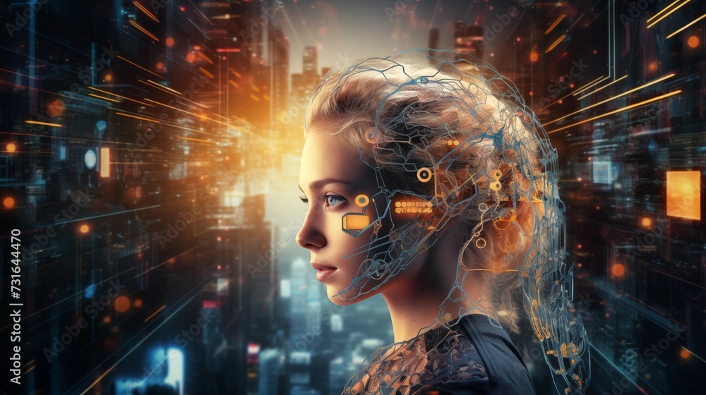 A woman standing with a virtual reality of a big data. A woman standing with a virtual reality of a big data.