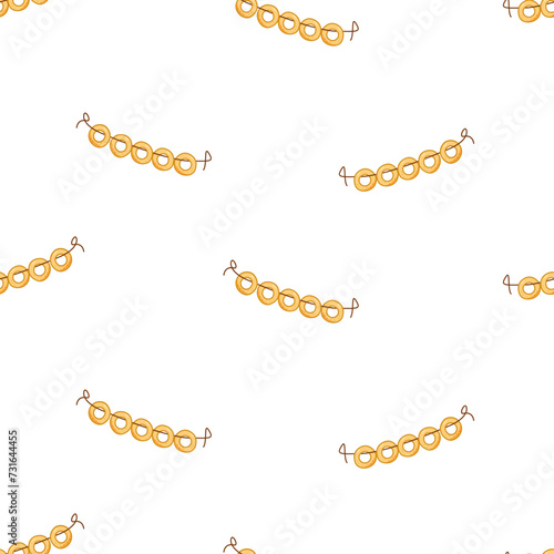 Seamless pattern Bagels with poppies. Vector doodle illustration of dry bublik, traditional Russian cookies.