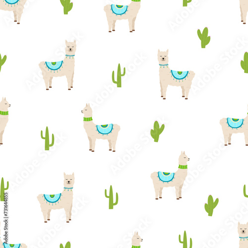 Seamless pattern of cute llamas and cacti. Vector illustration of funny animals background wallpaper.