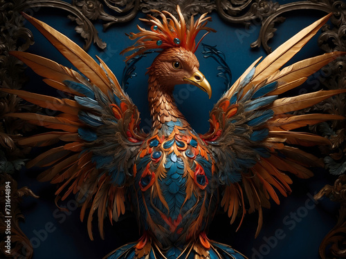  a multi-colored, intricately feathered bird with a blue background. The bird has a regal appearance with its large wings spread and a crown on its head. The feathers are a mix of gold, red, and blue