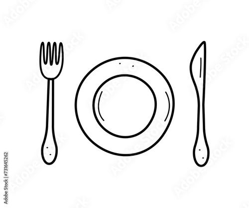 Plate and cutlery doodle icon. Vector illustration Table set fork knife.