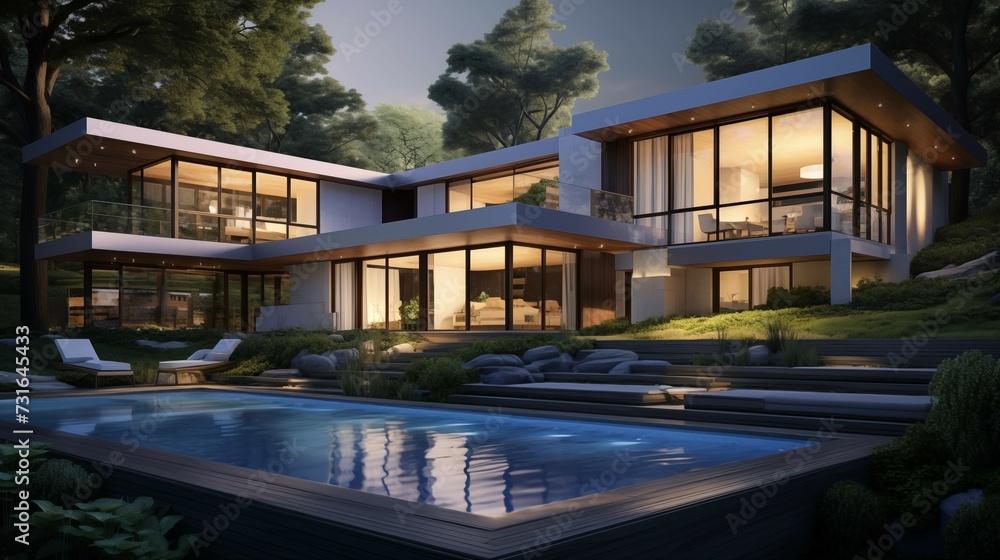 Fototapeta premium A large modern house with a large pool in the backyard.