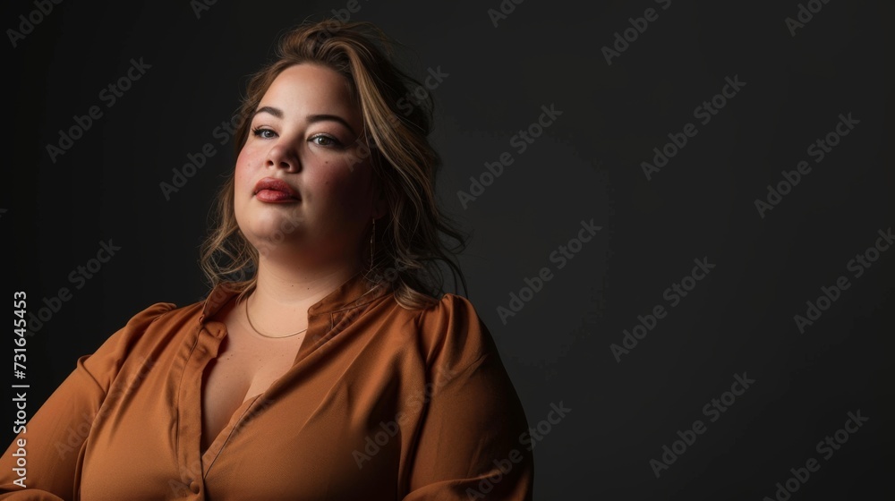 Plus size female model on a black background. Photo in fashion editorial style. Confident fashionable woman Plus size female model on a black background. Photo in fashion editorial style. Confident fashionable woman