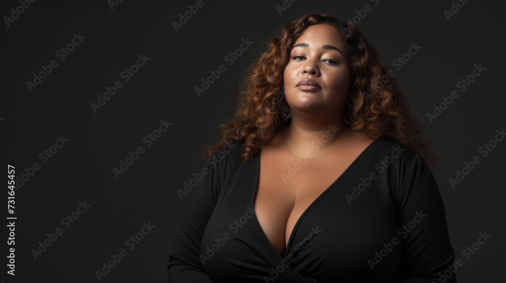 Plus size female model on a black background. Photo in fashion editorial style. Confident fashionable woman Plus size female model on a black background. Photo in fashion editorial style. Confident fashionable woman