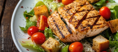 Grilled fish, croutons, and cherry tomatoes on a salmon Caesar salad.