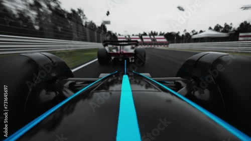 POV Two modern race cars racing on a speedway 