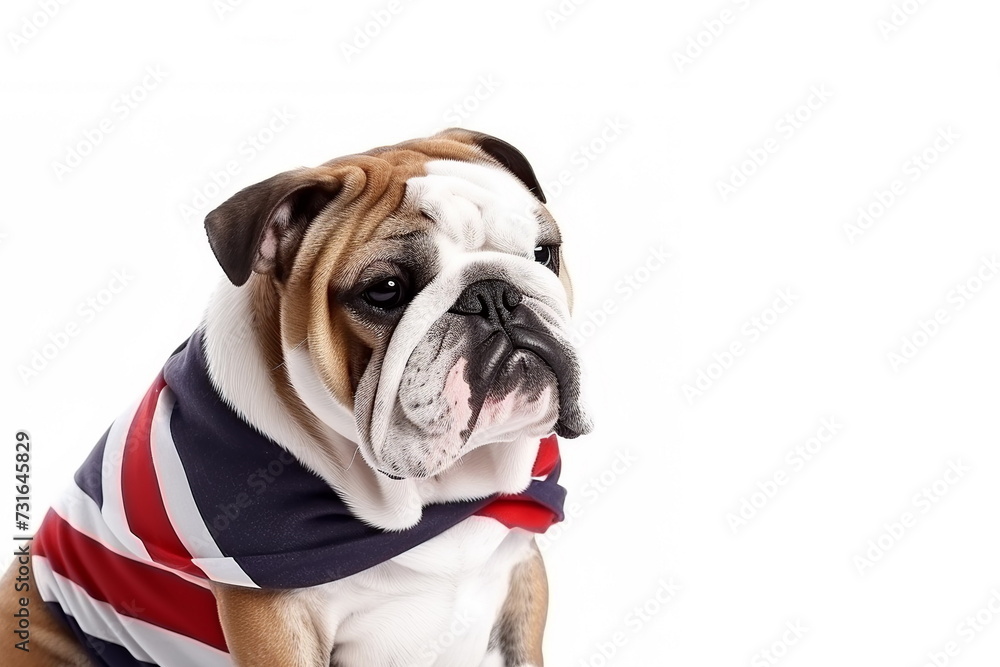 English bulldog dog wearing union jack flag isolated on white background. English language school or university concept. Copy space.
