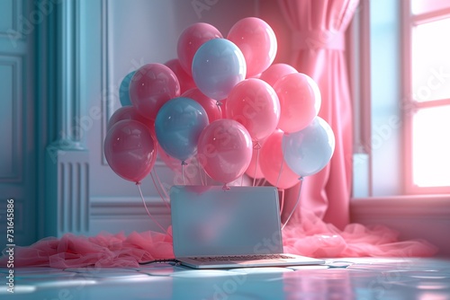 Pink and Blue Balloons with a Laptop: A Celebration of Women's History Month Generative AI photo