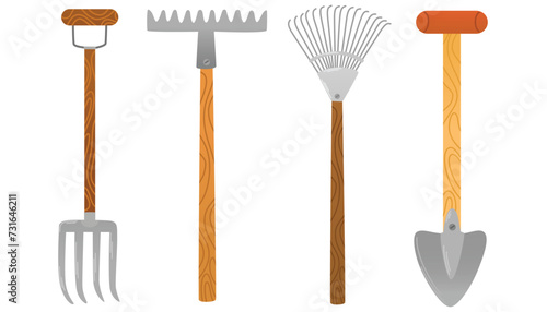 Gardening items set. Agricultural and garden tools for spring work. Shovel, rake, hoe. Vector hand draw illustrations isolated on white