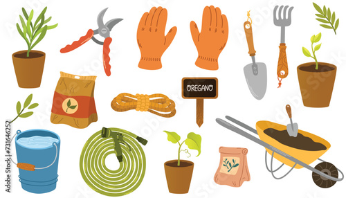 Garden items. Agriculture tools. Farm or planting equipment with plants, seeds, bucket, seedling, pots, gloves. Flat cartoon vector illustration.