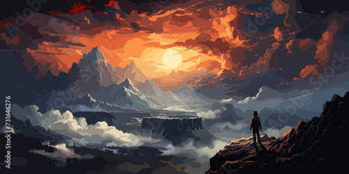 woman standing on top of a mountain against a beautiful sky with big moon,illustration painting