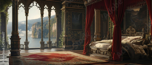 Craft a highland castle-inspired luxury bedroom with a grand four-poster bed, rich tapestries, and views of a misty moat and ancient walls