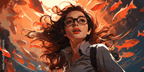 young woman diving with a school of fish in the sea, digital art style, illustration painting