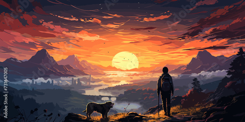 traveler and dog standing and looking at the colorful light in the valley, digital art style, illustration painting