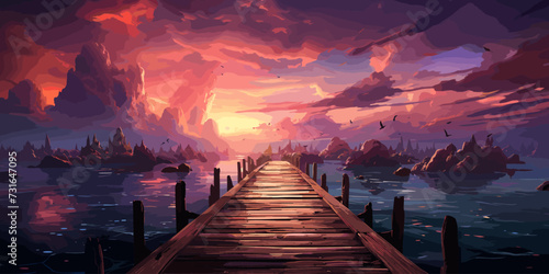 beautiful scenery of the woman standing alone on a wooden pier looking at colorful clouds in the sky, digital art style, illustration painting
