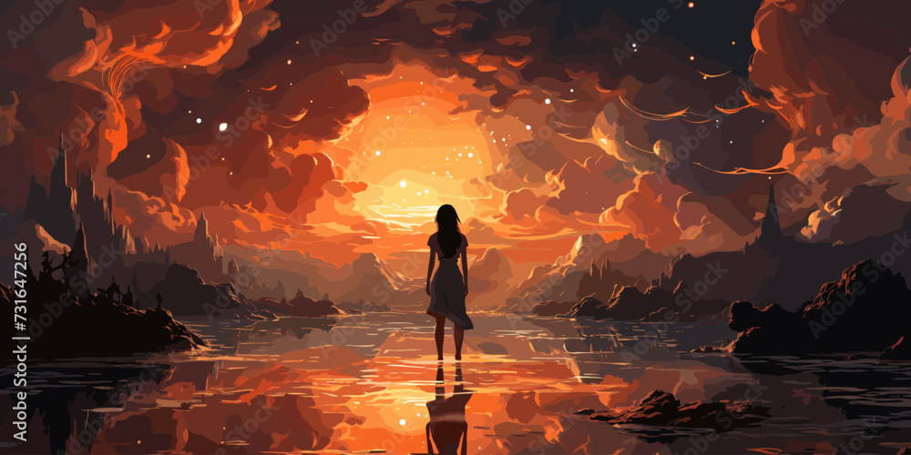 surreal scenery showing the girl looking at mysterious things on clouds, digital art style, illustration painting surreal scenery showing the girl looking at mysterious things on clouds, digital art style, illustration painting