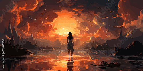 surreal scenery showing the girl looking at mysterious things on clouds, digital art style, illustration painting