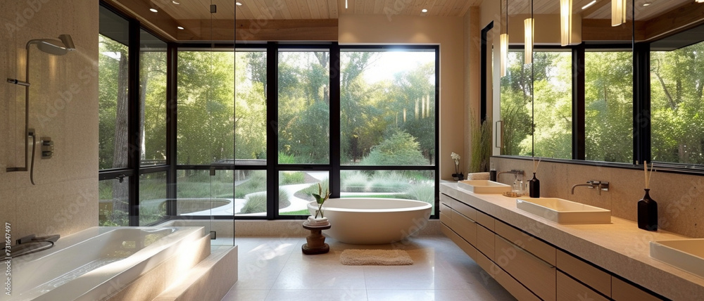 Fototapeta premium Modern large bathroom with big windows
