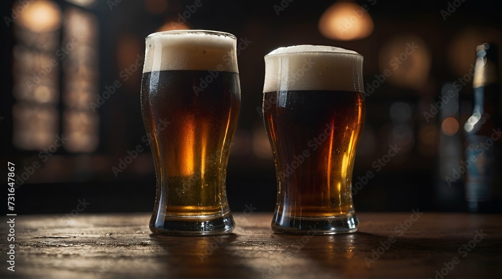 Glasses of light and dark beer on a pub background. Generative AI Glasses of light and dark beer on a pub background. Generative AI