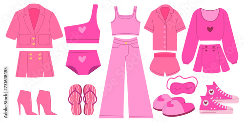 Set of pink clothing. Pink trendy set, pink doll aesthetic clothing. Vector illustration. A 
