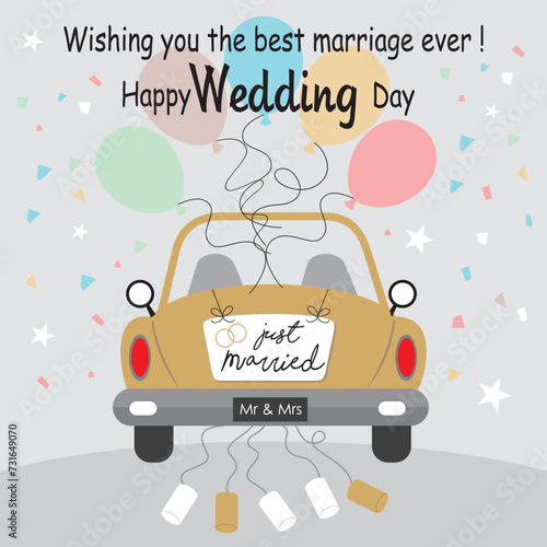 Happy wedding day card design with wedding car and balloons