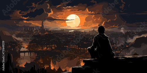 man watching over the city,illustration painting