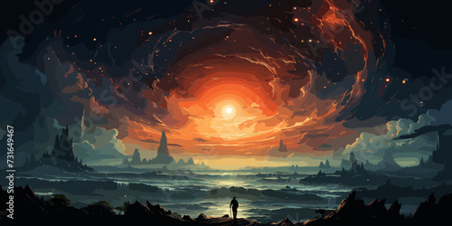 man with magic spear makes a swirling sea in the sky, digital art style, illustration painting