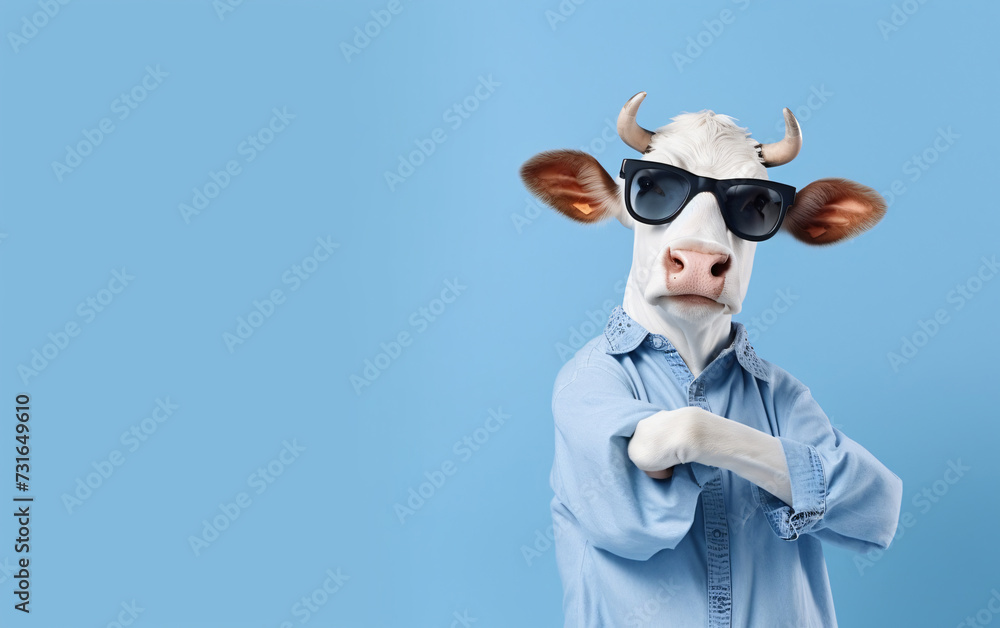 cow with sunglasses, cross your arms, studio banner with copy space
