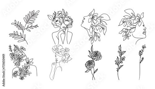 Set of hand drawn botanical flowers line art vector. Collection of foliage  leaf branches  floral  flowers  roses  and line art.