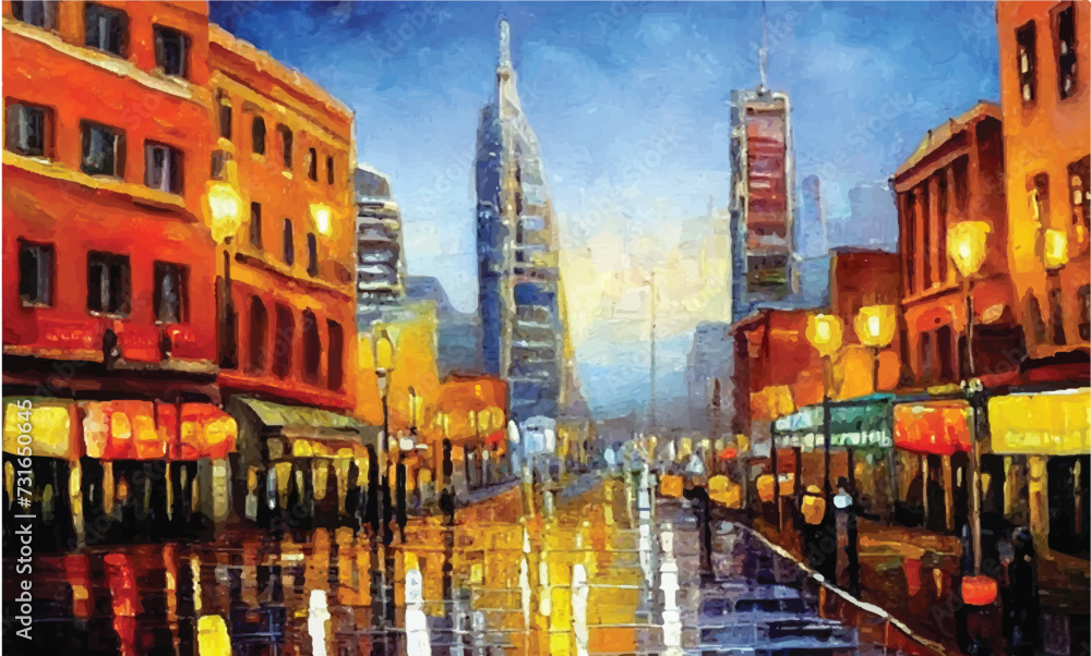 Beautiful city skyline view oil painting. Oil paintings city landscape.  Skyline city view. city landscape painting, background of paint. City landscape with beautiful buildings, roads, and lights.