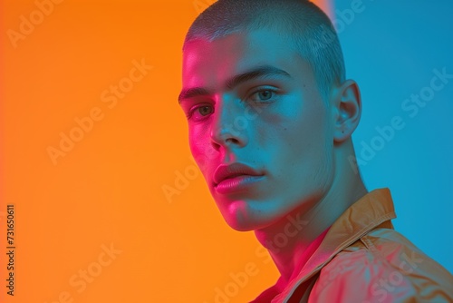 A young man with a short fashionable haircut in a shirt stands confidently against a bright orange and blue background. Portrait of a youth male model, mixed color