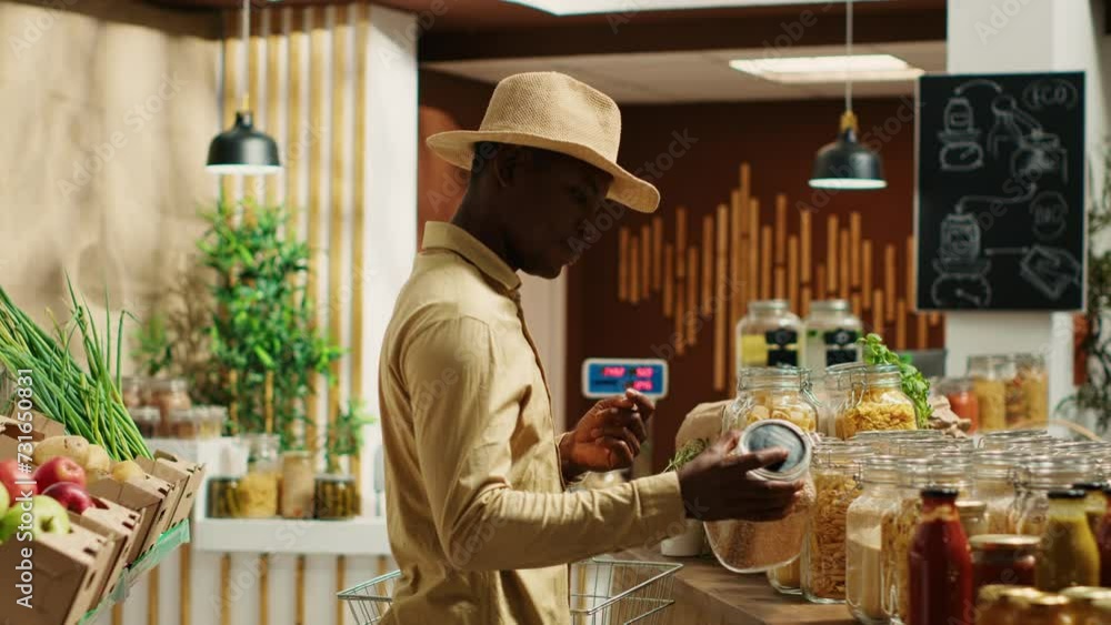 Client examines cereals and grains at zero waste eco store, looking for natural organic products and pantry supplies. African american man buying homemade spices and pasta in jars. Camera A. Client examines cereals and grains at zero waste eco store, looking for natural organic products and pantry supplies. African american man buying homemade spices and pasta in jars. Camera A.
