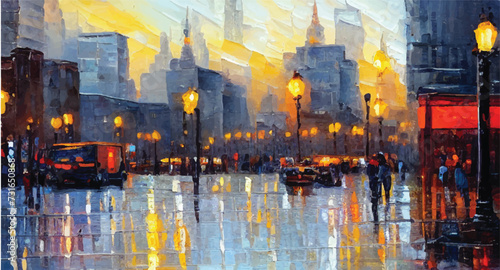 Beautiful city skyline view oil painting. Oil paintings city landscape.  Skyline city view. city landscape painting, background of paint. City landscape with beautiful buildings, roads, and lights.