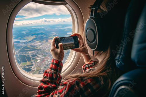 Person on airplane taking photo of landscape through window.