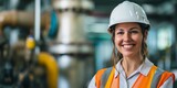 A smiling woman in safety gear at an industrial site, representing themes like empowerment and workplace equality, suitable for International Women's Day.