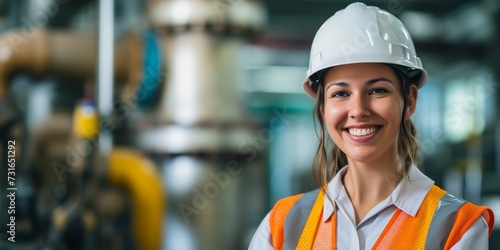 A smiling woman in safety gear at an industrial site, representing themes like empowerment and workplace equality, suitable for International Women's Day. photo