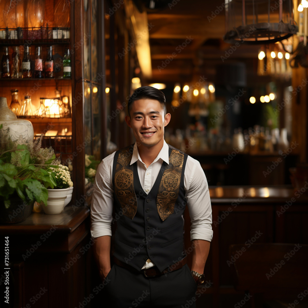Handsome young Thai bartender or waiter with a golden ornate waistcoat, happy and smiling, working in a luxurious restaurant or hotel. Great workplace for young people from Asia. Handsome young Thai bartender or waiter with a golden ornate waistcoat, happy and smiling, working in a luxurious restaurant or hotel. Great workplace for young people from Asia.