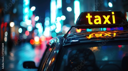 Checkers on the roof of the car with the inscription taxi against the backdrop of the night city. Tourism and travel in big cities © Irina Sharnina