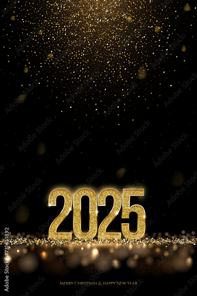 2025 Happy New Year vertical banner vector template. Winter holiday, Christmas congratulations. Festive postcard, luxurious greeting card concept. 2025 number with golden glitter illustration 2025 Happy New Year vertical banner vector template. Winter holiday, Christmas congratulations. Festive postcard, luxurious greeting card concept. 2025 number with golden glitter illustration