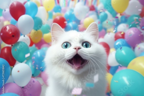 Cute shocked surprised birthday cat with confetti sitting on colorful balloons background.