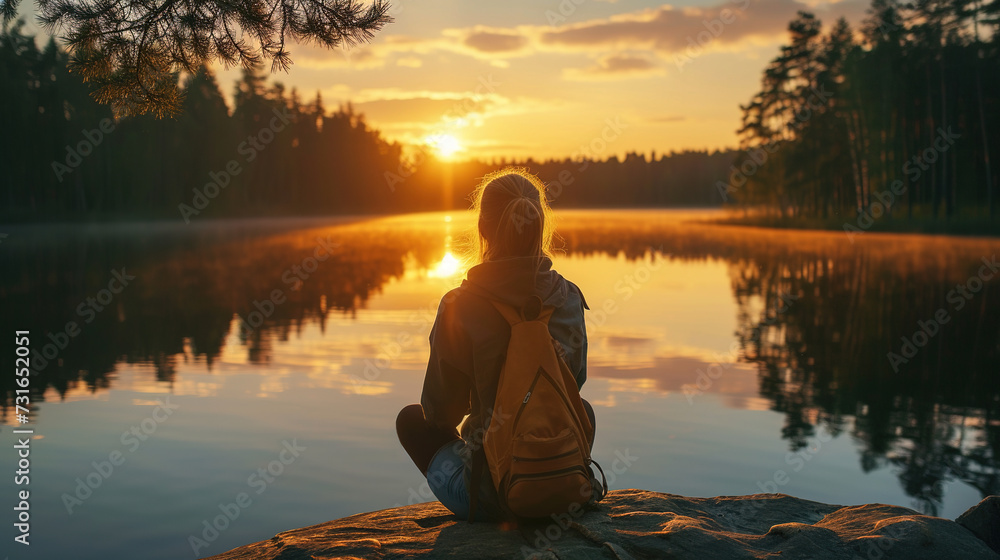 A young woman relaxes in nature on a pier near a forest lake. Active summer holidays A young woman relaxes in nature on a pier near a forest lake. Active summer holidays