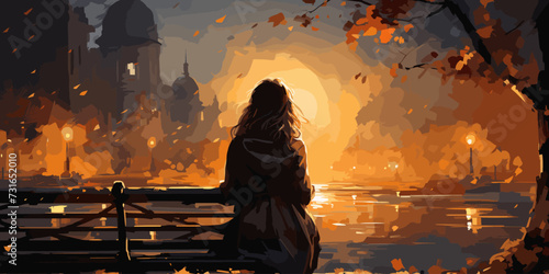 back view of young woman sitting on a bench with bokeh light, digital art style, illustration painting