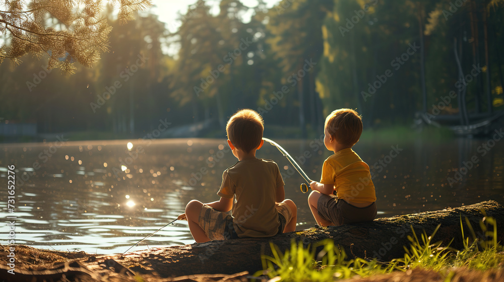 Photo of little boys friends near a forest pond with fishing rods while fishing on a summer weekend