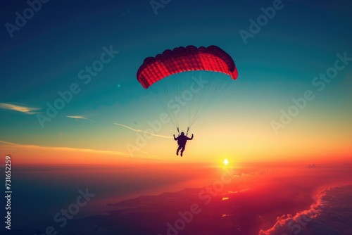 Skydiver parachuting at sunset. Extreme sports and adventure concept.