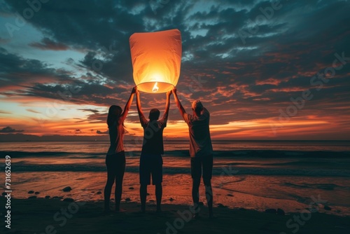 People releasing a sky lantern on a beach at sunset.