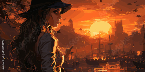the pirate with a sword standing on ruins of boat and looking at golden treasures at sunset, digital art style, illustration painting