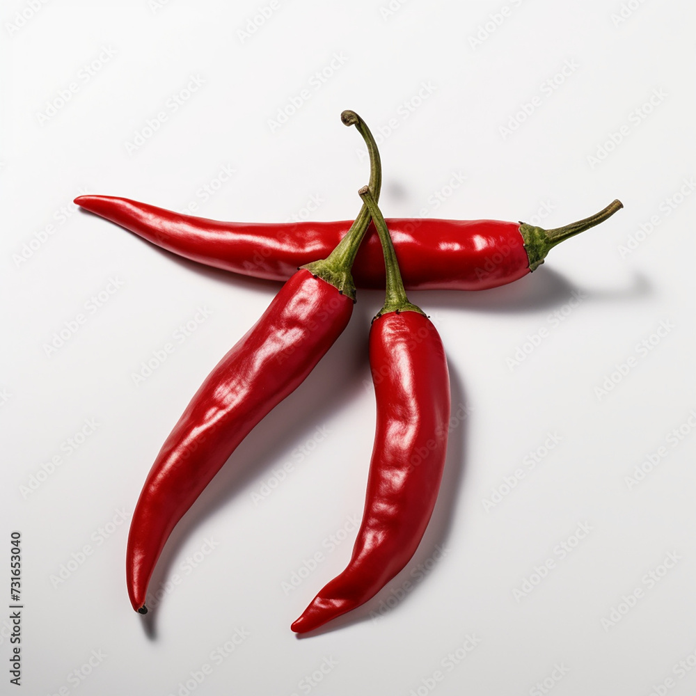 Three Red Chili Peppers Forming a Dynamic Trio on a Pristine White Background: The Spice of Life Captured in Still Life Three Red Chili Peppers Forming a Dynamic Trio on a Pristine White Background: The Spice of Life Captured in Still Life