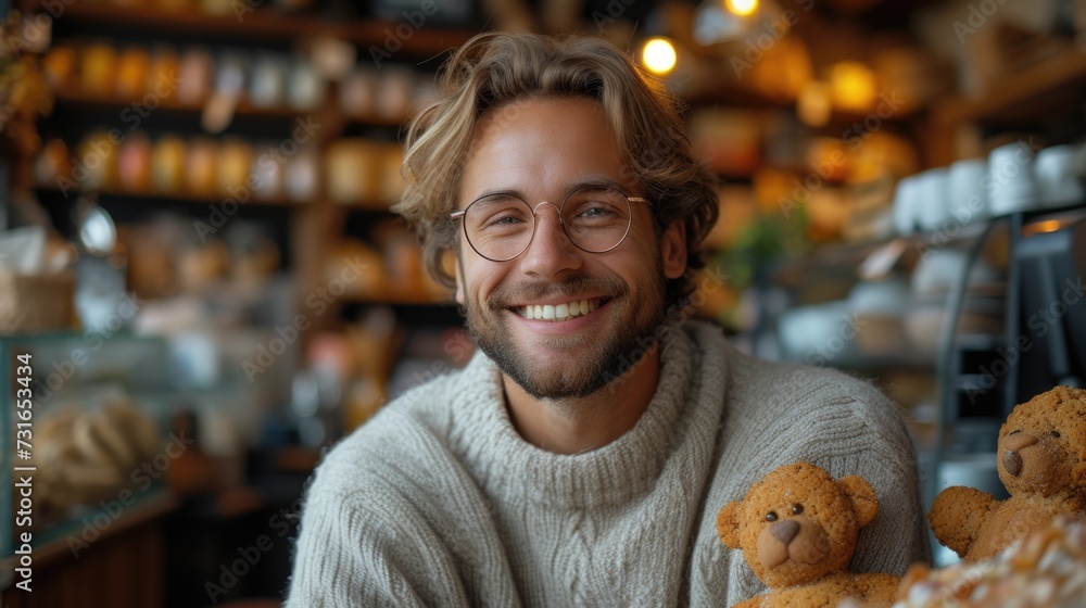 Smiling man with glasses in a cozy cafe setting. Comfort and lifestyle concept.